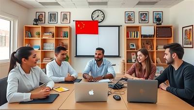 A vibrant and diverse virtual classroom setting with students of different nationalities engaging in a dynamic language lesson led by a skilled tutor, showcasing an interactive and immersive learning experience.