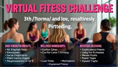 A dynamic visual of a virtual fitness challenge where participants engage in high-energy workouts, wellness workshops, and motivation sessions led by experienced trainers, creating a supportive and empowering virtual fitness community that inspires individuals to pursue their fitness goals and prioritize their well-being.