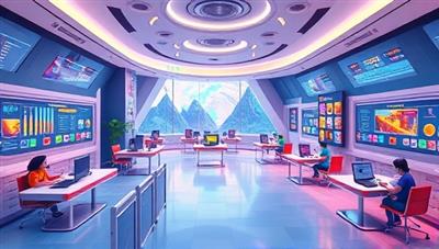 A futuristic digital landscape featuring virtual classrooms with animated characters, interactive learning elements, and gamification features, illustrating a dynamic and immersive educational environment that sparks curiosity and engagement.