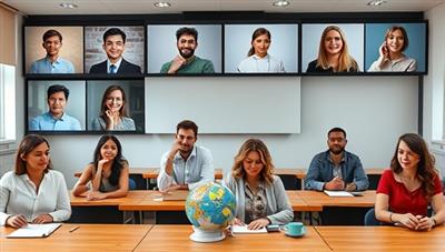 An engaging virtual classroom setting with diverse avatars representing users from different cultural backgrounds engaging in language exchange sessions, showcasing a dynamic and interactive learning environment.