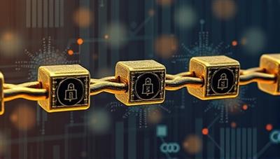 An artistic depiction of interconnected blockchain blocks forming a chain, with legal contract icons embedded in each block, symbolizing the secure and transparent nature of blockchain-based legal contracts.