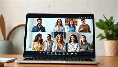A laptop screen showing a virtual financial coaching session with a diverse group of individuals discussing financial goals and strategies, creating a supportive and empowering atmosphere.
