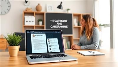 A virtual office setting with a laptop displaying career coaching resources, a resume template, motivational career quotes, and a professional mentor engaging in a coaching session with a client, representing growth, guidance, and career success in the virtual coaching services.