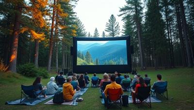 An enchanting outdoor theater setup in a lush forest clearing, a large screen displaying a vibrant nature documentary, audiences seated on eco-friendly blankets and camping chairs, surrounded by trees and nature sounds, embodying the harmony between cinema and the great outdoors.