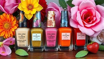 An artistic nail design featuring vibrant colors and intricate patterns, with scented nail polish bottles arranged in a harmonious display next to fresh blooms and aromatic fruits, evoking a sensory feast for the eyes and nose.