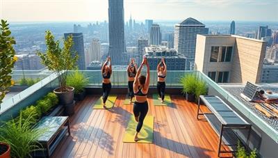 A serene urban rooftop setting with a yoga session in progress, surrounded by lush greenery, calming water features, and panoramic city views, capturing the tranquil and revitalizing atmosphere of an UrbanZen Escapes wellness retreat within a bustling metropolis.