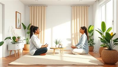 A serene virtual therapy room setting with a therapist conducting a mindfulness session with a client, surrounded by calming decor and nature elements, creating a safe and supportive space for mental wellness within the MindfulJourney Virtual platform.
