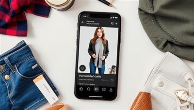 An engaging visual showing a sleek smartphone screen displaying a user scrolling through personalized outfit suggestions with AI Stylemate, surrounded by stylish clothing items and accessories, illustrating convenience and fashion-forwardness.