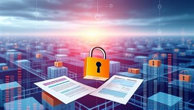 A futuristic digital landscape with interconnected blocks representing blockchain technology, overlaid with financial audit documents and security locks, symbolizing the integration of blockchain security in auditing processes, evoking trust and innovation.