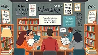 An artistic depiction of a virtual writing workshop setting with participants engaged in creative activities, surrounded by virtual bookshelves, inspirational quotes, and writing prompts, fostering a collaborative and imaginative space for writers to thrive.