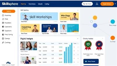 An interactive online learning environment featuring a diverse range of skill-building courses, virtual workshops, and digital badges displayed on a digital dashboard, showcasing the dynamic and engaging learning experience offered by SkillSphere.