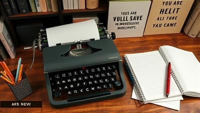 A digital writing desk setup with a typewriter, notebooks, pens, and inspirational quotes, creating a cozy and creative atmosphere for writers to engage in storytelling and participate in the immersive workshops offered by StoryCrafters.