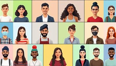 An image of a diverse group of individuals engaged in virtual language exchange sessions, each with a digital avatar representing their identity and language proficiency level, creating a vibrant and interactive online learning environment.