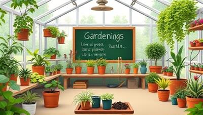 An inviting illustration of a virtual greenhouse classroom filled with diverse potted plants, gardening tools, and a chalkboard displaying gardening tips, surrounded by a lush garden backdrop, inspiring a love for plants and nature in learners.