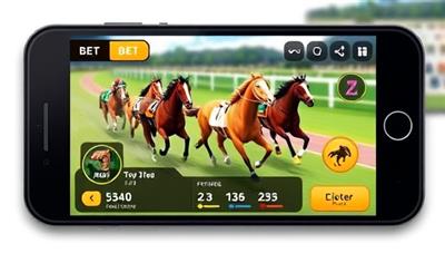 An animated graphic of virtual horses racing on a mobile screen, with user interface elements displaying bet options, race progress, and virtual horse customization features, creating a dynamic and engaging visual representation of the mobile app for virtual horse racing.