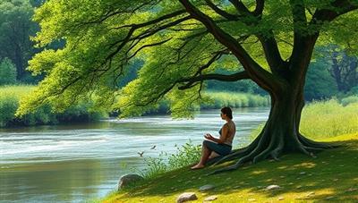An serene and peaceful nature scene with a tranquil setting, featuring a person meditating under a tree by a flowing river, surrounded by lush greenery and chirping birds, evoking a sense of calm and serenity ideal for mindfulness practice.