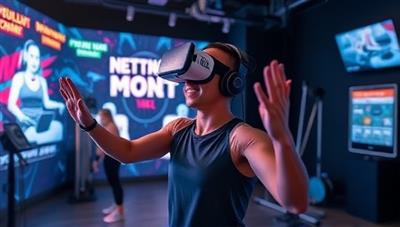 An individual immersed in a virtual reality fitness environment, participating in interactive workout challenges and surrounded by digital fitness equipment and motivational elements, illustrating the dynamic and engaging nature of VRFitZone's virtual reality fitness classes.