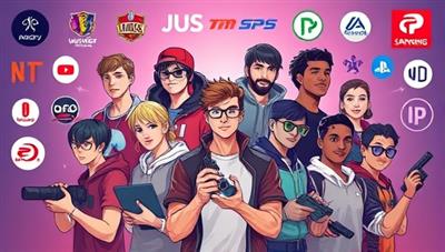 A digital art illustration of a diverse group of gaming talents represented by the agency, each depicted with unique gaming skills and personalities, surrounded by brand logos and collaboration opportunities, symbolizing the agency's role in fostering talent growth and success in the gaming industry.