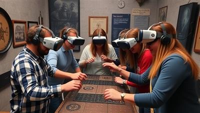 A group of friends wearing VR headsets, enthusiastically working together to solve a complex puzzle in a virtual room filled with interactive elements and hidden clues, showcasing the excitement and teamwork of the VR Escape Quest experience.