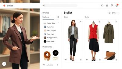 A sleek digital interface showing a virtual stylist interacting with a client's style preferences, with fashionable clothing items and accessories displayed in a visually appealing manner, capturing the essence of personalized styling.