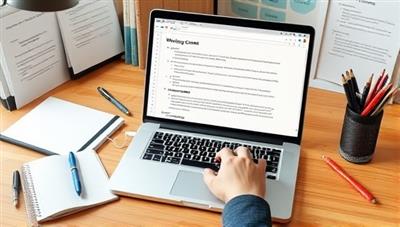 A virtual writing desk setup with a writer typing engaging content on a laptop screen, surrounded by notebooks, pens, and creative writing prompts, reflecting focus and creativity in remote business writing services.