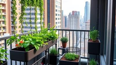 An urban balcony transformed into a lush green oasis with smart gardening kits, featuring automated planters, vibrant foliage, and a sleek, modern design aesthetic.