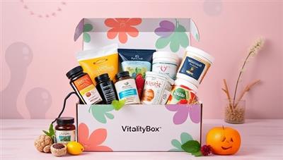 An aesthetically pleasing image of a vibrant, wellness-themed subscription box filled with assorted nutraceuticals, superfoods, and wellness products, evoking a sense of health, vitality, and self-care associated with VitalityBox Rx subscriptions.