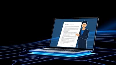 An illustration of a virtual platform interface displaying a legal document being reviewed by a digital avatar of a legal professional, conveying a seamless and efficient online review process.
