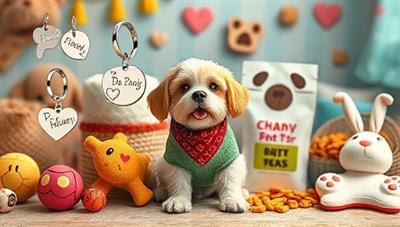 An adorable and heartwarming scene featuring a variety of personalized pet accessories, including engraved pet tags, embroidered bandanas, and custom pet clothing, displayed on a furry model surrounded by playful pet toys and wholesome pet treats, set against a cozy and pet-friendly background that radiates joy and companionship.