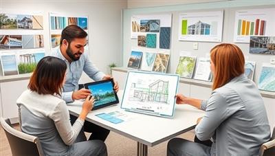 A professional meeting room setting with consultants discussing green building plans and designs on a digital tablet, surrounded by sustainable building material samples and energy-efficient technology displays, conveying expertise and innovation in eco-friendly construction consultancy services.