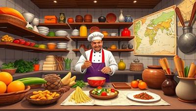 A mouth-watering illustration of a virtual kitchen filled with colorful spices, exotic ingredients, and cooking utensils, showcasing a chef preparing a traditional dish from a specific culture, surrounded by cultural artifacts and culinary maps, inviting learners to a global culinary journey.