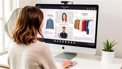 An online styling consultation setup featuring a stylist presenting outfit recommendations and style tips to a client through a virtual styling session, with fashion mood boards and clothing options displayed on the screen, showcasing the creativity and expertise of StyleSphere Online's virtual styling services.