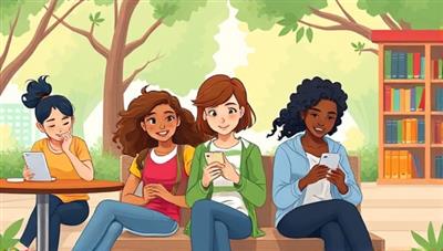 An animated image showing diverse characters engaging in language lessons on their smartphones in different settings, such as a cafe, a park, and a library, highlighting the app's versatility and accessibility.