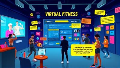 An energetic visual representation of a virtual fitness challenge in progress, with participants engaging in various workout activities, tracking their progress on virtual leaderboards, and sharing motivational messages in a vibrant online fitness community, highlighting the dynamic and supportive environment fostered by the platform.