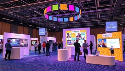 A dynamic virtual event setup with interactive features, virtual booths, and engaging activities, creating a vibrant and immersive online event experience for attendees, highlighting innovation and connectivity.