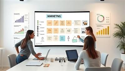 A virtual marketing strategy session with the agency team brainstorming ideas on a digital whiteboard, surrounded by laptops and marketing graphs, highlighting collaboration, innovation, and strategic planning.
