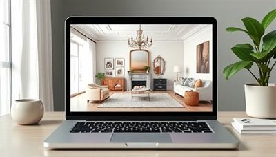 A laptop displaying an elegant virtual room design with color swatches, furniture pieces, and decor items, creating a visually appealing and inspiring virtual space.