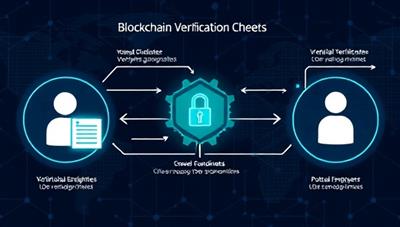 An innovative blockchain verification process illustration showcasing a secure and transparent data transfer between candidates, verifying authorities, and potential employers, emphasizing the platform's trustworthiness and efficiency in background verification checks.