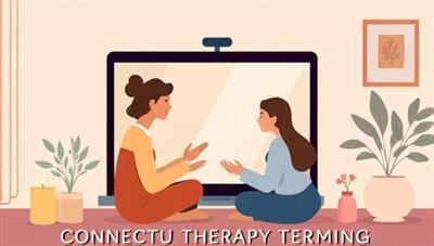 An emotive illustration of a virtual therapy session with a therapist and client engaging in a supportive conversation on a screen, surrounded by comforting elements like candles, plants, and art, symbolizing connection and healing through technology.