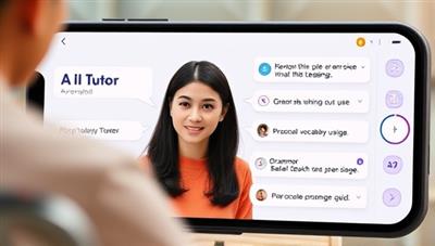 An AI tutor interacting with a user on the app, providing feedback on pronunciation, vocabulary usage, and grammar, showcasing the personalized and interactive learning experience.