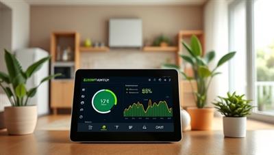 An elegant and modern smart home setup with the EcoPower Monitor displayed on a tablet, showing real-time energy usage graphs and recommendations, surrounded by energy-efficient appliances and green plants, illustrating a sustainable lifestyle.