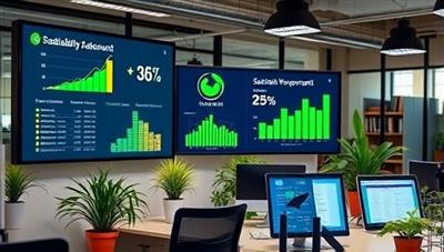 An office setting with digital screens displaying sustainability metrics, plant decorations, and eco-friendly accounting tools, symbolizing a blend of technology and nature in accounting practices.
