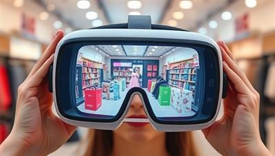 An AR headset displaying a virtual shopping scene where users can interact with branded products placed within their physical environment, showcasing the seamless integration and engaging nature of AR ProductPlacer's offerings.