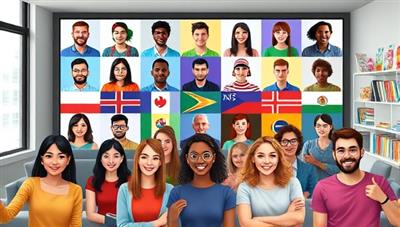A vibrant virtual meeting room with diverse avatars representing different cultures and languages, engaging in lively language exchange activities and cultural discussions, showcasing a global and interactive learning environment.