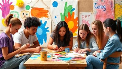 An expressive and vibrant visual representation of a virtual art therapy session for teens, featuring a diverse group of adolescents engaging in creative art activities, sharing their artwork, and expressing emotions through colors and textures, fostering a sense of connection and emotional well-being.