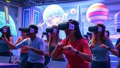 An energetic scene of players with VR headsets engaging in a multiplayer game, surrounded by futuristic digital landscapes, illustrating the immersive and captivating experiences offered at the VR Arcade.