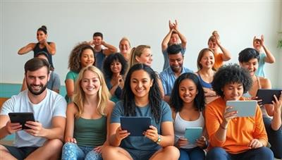 A diverse group of people engaging in a virtual fitness class on different devices, showcasing the inclusivity and accessibility of FlexFit Cloud's platform.