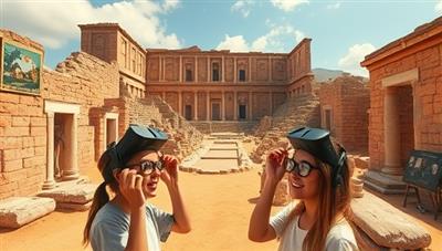 An immersive VR environment showing students exploring ancient ruins with a virtual guide, surrounded by historical artifacts and interactive learning elements, evoking a sense of wonder and discovery.