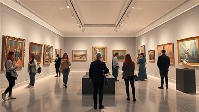 An elegant virtual art gallery showcasing a diverse collection of artworks, with virtual visitors exploring the exhibition space, admiring paintings, sculptures, and digital installations, creating a sophisticated and immersive art viewing experience in a digital realm.