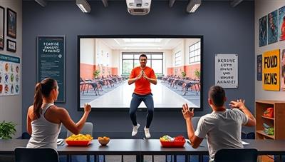 A dynamic visual of a virtual fitness session with students following an energetic workout routine led by a coach on a screen, surrounded by motivational posters and healthy snacks, promoting a healthy and active lifestyle for students.